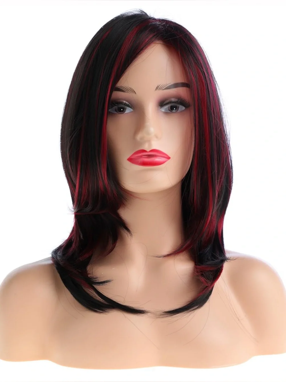 Black Wig with Red Highlights - Stylish Layered Women's Hair